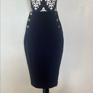 H&M Navy Blue High-waisted Pencil Skirt with Gold Buttons and Back Slit